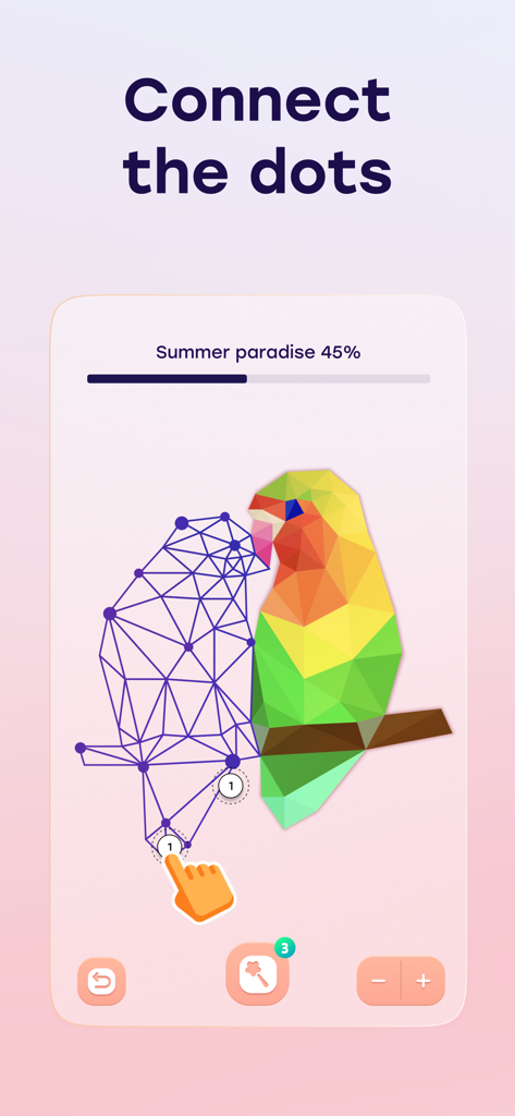 Star Art: Drawing & Relaxing - A mobile game screen showing a player connecting dots to form a colorful low-poly bird illustration.