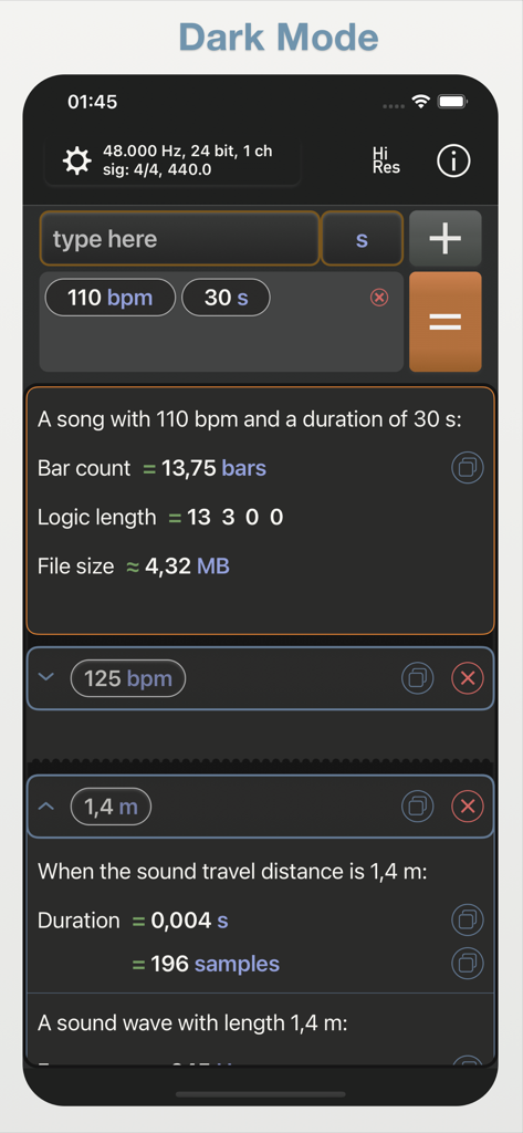 Studio Calculator - Studio Calculator app interface in dark mode displaying audio engineering calculations for BPM and sound delay