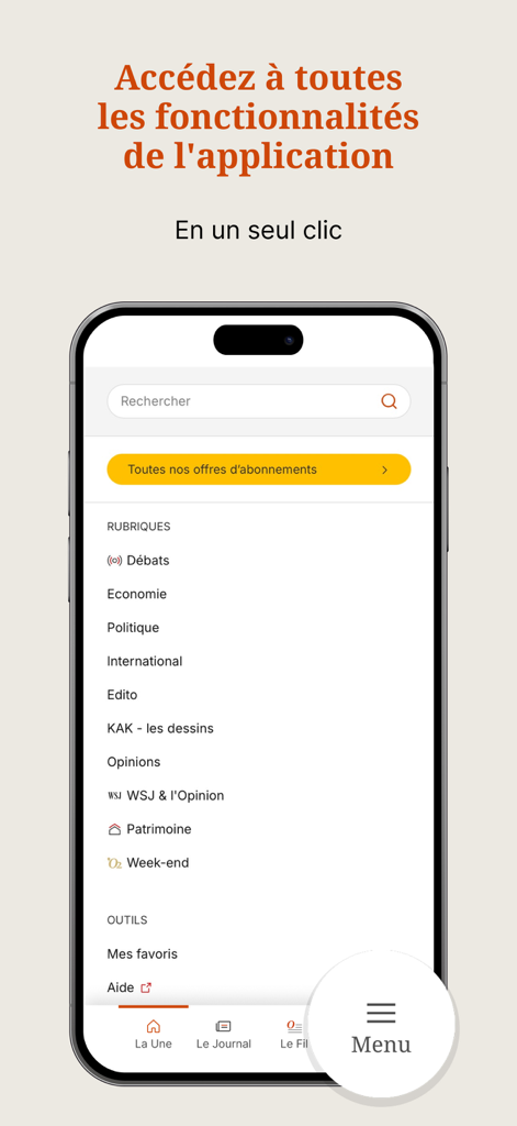 l'Opinion - 経済、政治、国際ニュースを含むニュースカテゴリを表示するL'Opinionモバイルアプリのメインメニュー
