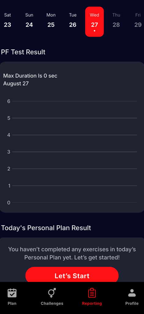 Kegel Trainer: Men's Health - Reporting screen in the Kegel Trainer app for men's health showing progress tracking and a start button