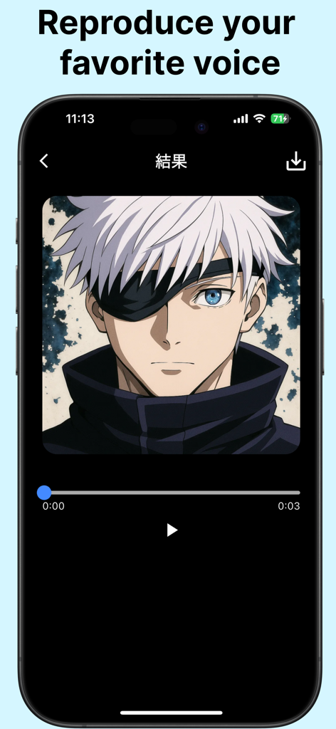 AIVoice：ai voice changer, - Un smartphone que muestra la interfaz de una aplicación de cambio de voz IA con un personaje de anime y un reproductor de audio para reproducir voces.