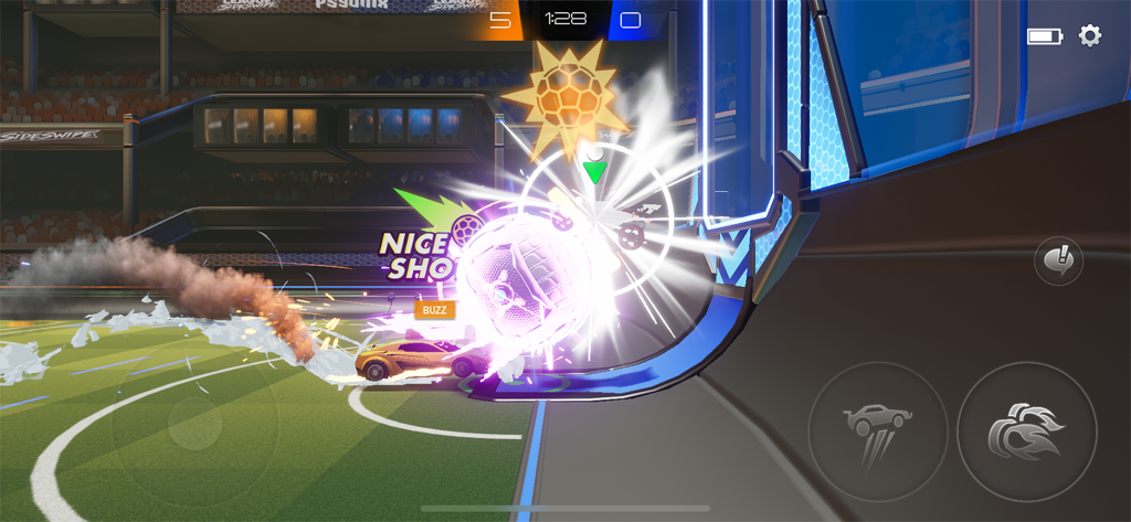 Rocket League Sideswipe - Un coche marcando un gol en Rocket League Sideswipe con un bonito efecto visual de tiro y una explosión de luz en una arena de estadio 2D.