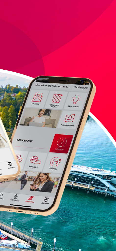 Mein Konstanz - The Mein Konstanz app interface showing a service portal with icons for utility management and city reports
