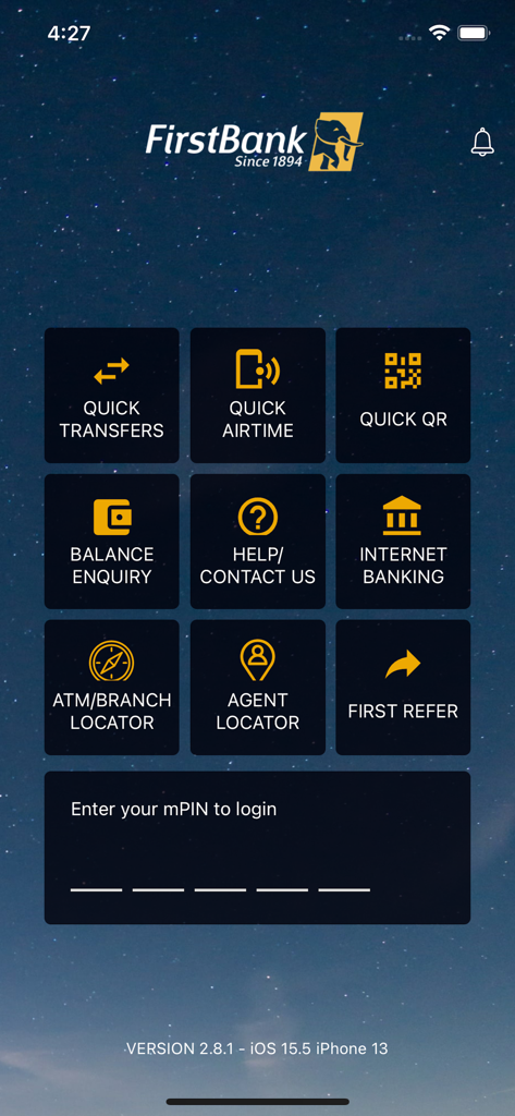 バンキングサービスへのクイックアクセスアイコンとmPIN入力が表示されたFirstMobileアプリのログイン画面