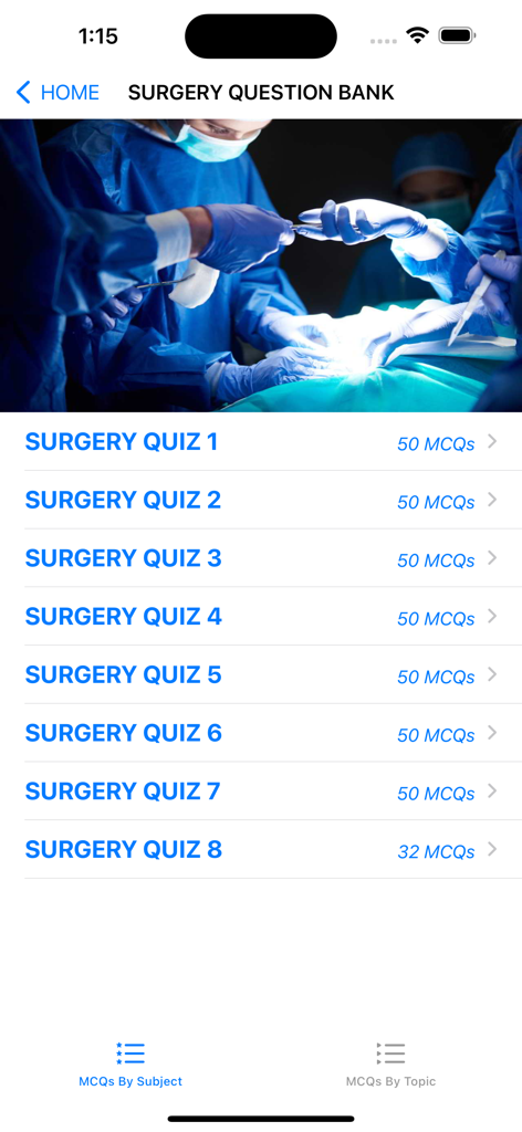 AMC Question Bank - AMC Question Bank app interface displaying a list of surgery practice quizzes with multiple choice question counts