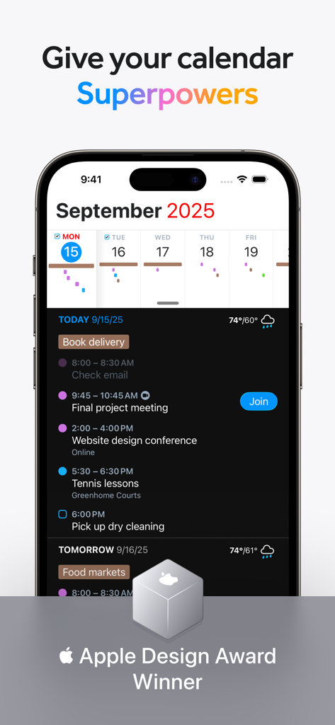 iPhone showing Fantastical calendar app with a detailed daily schedule and Apple Design Award logo