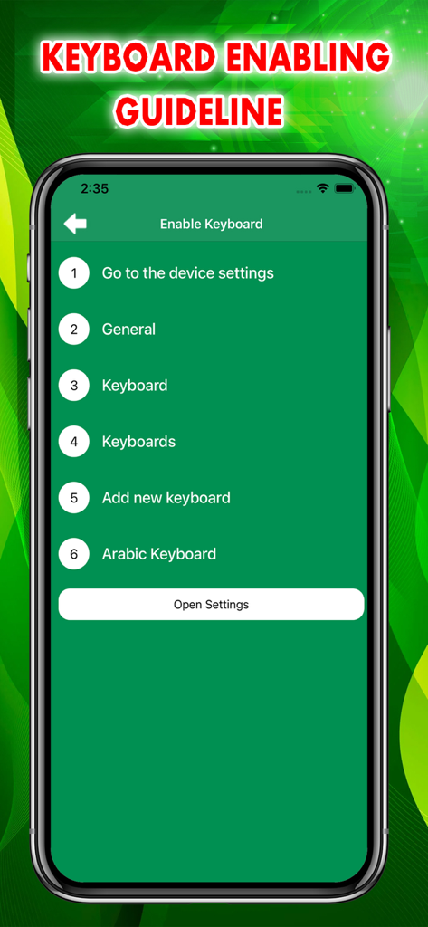 Guía de activación del teclado que muestra los pasos para agregar el teclado árabe en la configuración