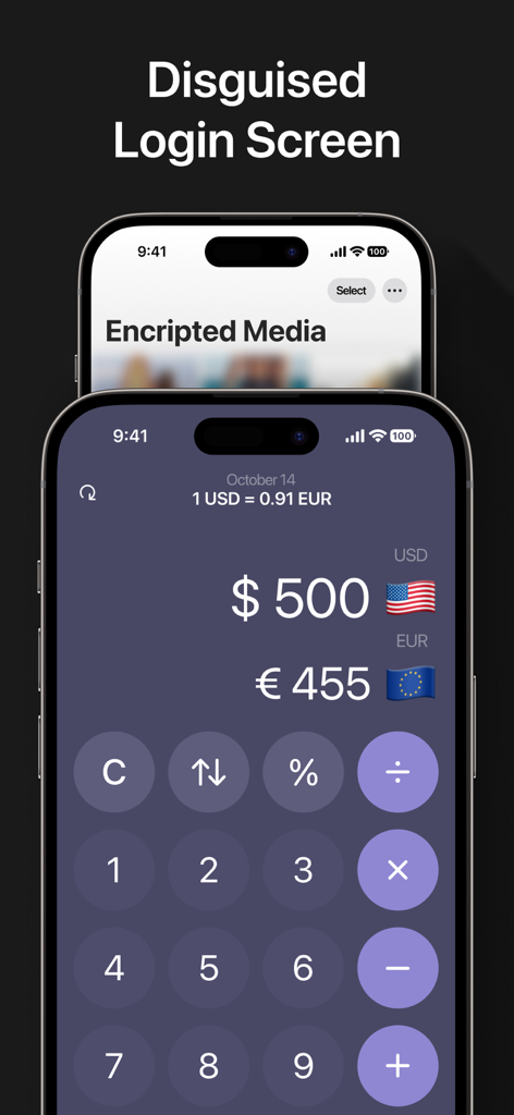 Converter: Hidden Photo Vault - Disguised login screen featuring a currency converter interface for a secret photo vault.