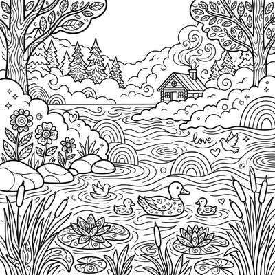 Discover a beautifully detailed coloring page featuring a tranquil foggy lake, brimming with natural charm and subtle expressions of Pride. This enchanting scene invites you to blend serene nature with vibrant celebration through your unique color choices.