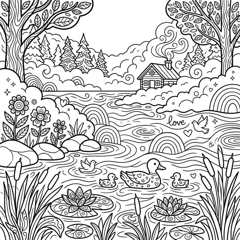 Discover a beautifully detailed coloring page featuring a tranquil foggy lake, brimming with natural charm and subtle expressions of Pride. This enchanting scene invites you to blend serene nature with vibrant celebration through your unique color choices.