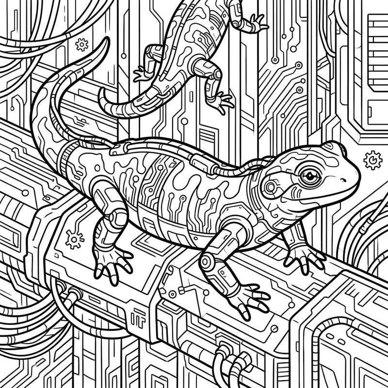 Explore a unique fusion of nature and technology with this captivating Cyberpunk Fire Salamander coloring page. This intricate design features two enhanced salamanders amidst a bustling futuristic city, offering hours of detailed creative enjoyment.