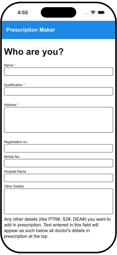 Doctor profile registration screen in Digital Prescription Maker app
