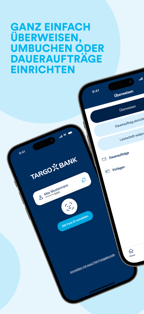 TARGOBANK mobile banking app showing login with Face ID and money transfer options