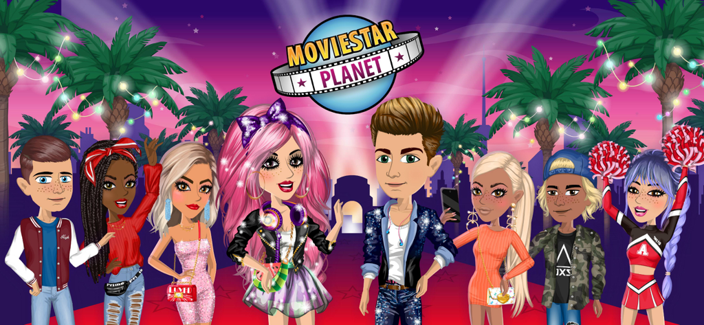 MovieStarPlanet: Classic - Un grupo de elegantes avatares de MovieStarPlanet Classic en una alfombra roja con palmeras y un fondo de atardecer rosa