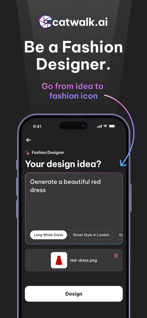 AI Fashion Designer Try-On - Interface of Catwalk AI app showing a text prompt to generate a red dress