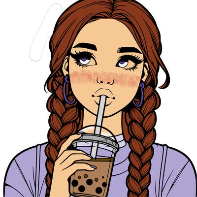 realistic girl with braided hair drinking boba
