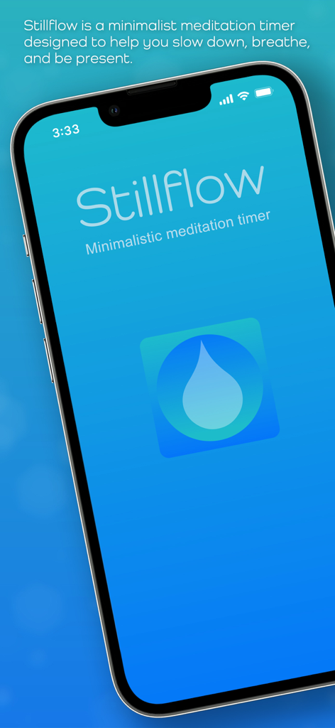 Stillflow — Meditation Timer - Interfaz de aplicación minimalista de temporizador de meditación Stillflow que muestra una pantalla azul tranquila e icono de gota de agua