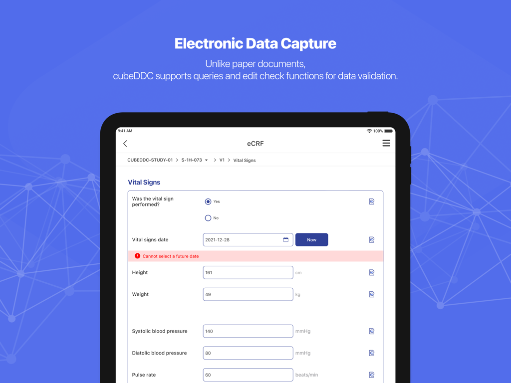 The cubeDDC app on an iPad displaying an electronic Case Report Form for collecting patient vital signs