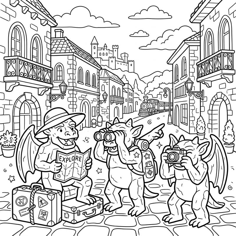 Join these charming stone gargoyles as they embark on an exciting European vacation, complete with maps, binoculars, and cameras. This delightful coloring page captures the spirit of exploration and travel, ready for your creative touch.