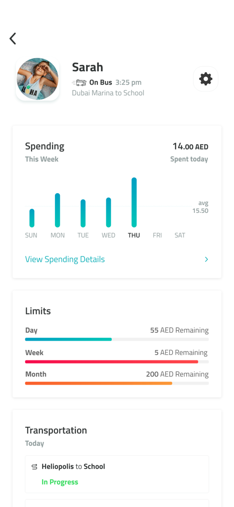 Dashboard of the Spare app showing a child's weekly spending chart, remaining budget limits, and real-time school bus tracking status.