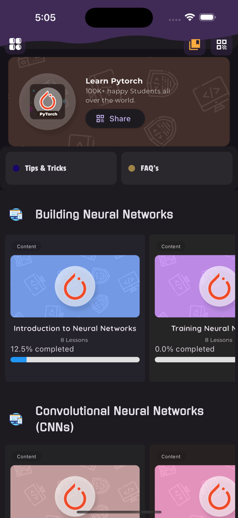 Learn Pytorch - El panel de la aplicación Learn PyTorch que muestra módulos de cursos de aprendizaje automático y redes neuronales.
