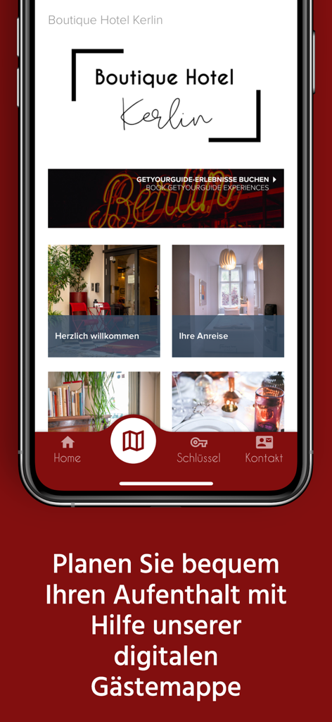 Kerlin - The home screen of the Kerlin app for boutique hotel guests in Berlin showing the digital guest directory