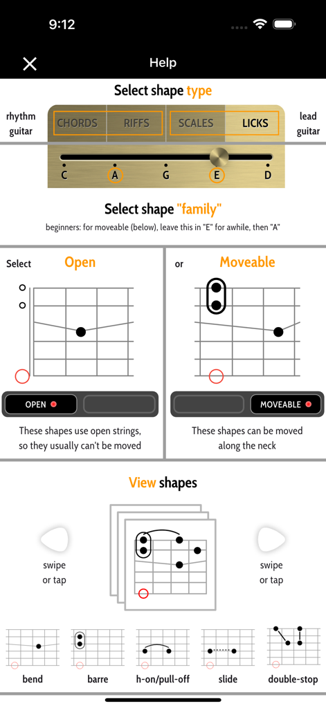 Ein Hilfebildschirm für eine Gitarren-App, der Optionen zur Auswahl von Formen nach Typ und Familie anzeigt