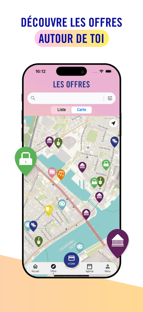 Carte jeune - ボルドーの地元オファーや割引を表示するカルテ・ジューヌアプリのマップ画面