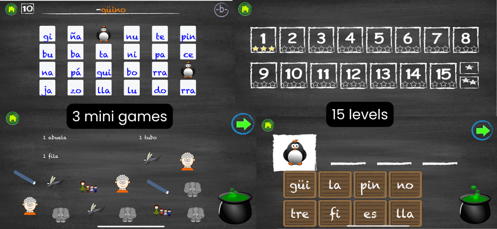 Lee Paso a Paso 2 - Pantallas de la aplicación de alfabetización en español que muestran niveles y juegos de sílabas