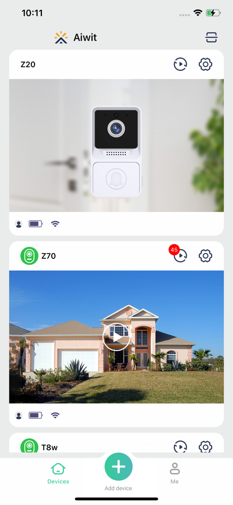 Aiwit - Aiwit app home screen displaying connected smart doorbell and outdoor security camera footage