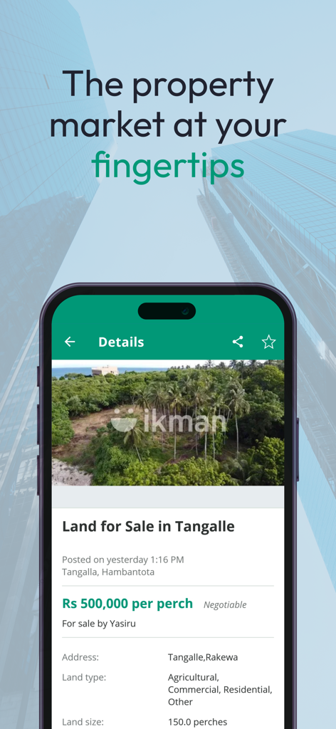 ikman - Everything Sells - Capture d'écran d'un smartphone affichant une annonce immobilière pour un terrain à Tangalle sur l'application ikman.