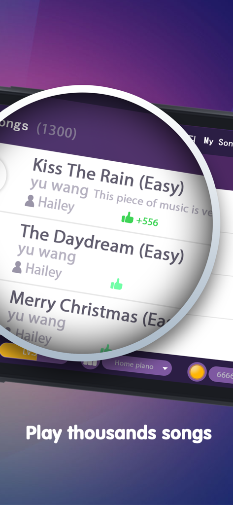 Piano Rush - Piano Games - Ein Menü in der Piano Rush App zeigt eine Auswahl beliebter Songs, die auf dem Klavier gespielt werden können