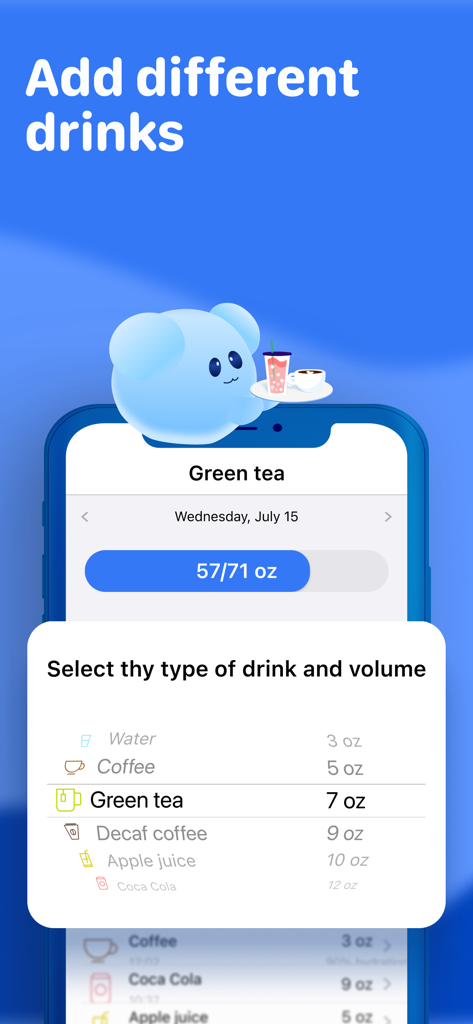 Water Tracker. Drink Reminder - 커피와 녹차를 포함하여 음료 종류와 양을 선택하는 물 추적기 앱 화면