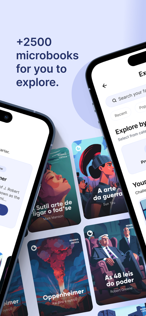 12min: Book Summaries Daily - 12min app interface displaying a library of over 2500 microbook summaries with various book covers and search functionality