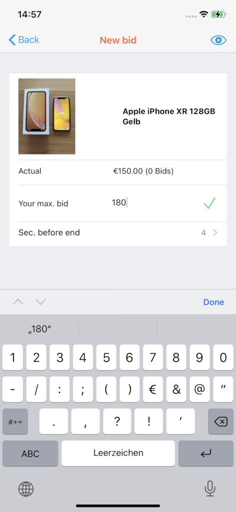 Setting a maximum bid and timing for an eBay auction in the Baytomat app