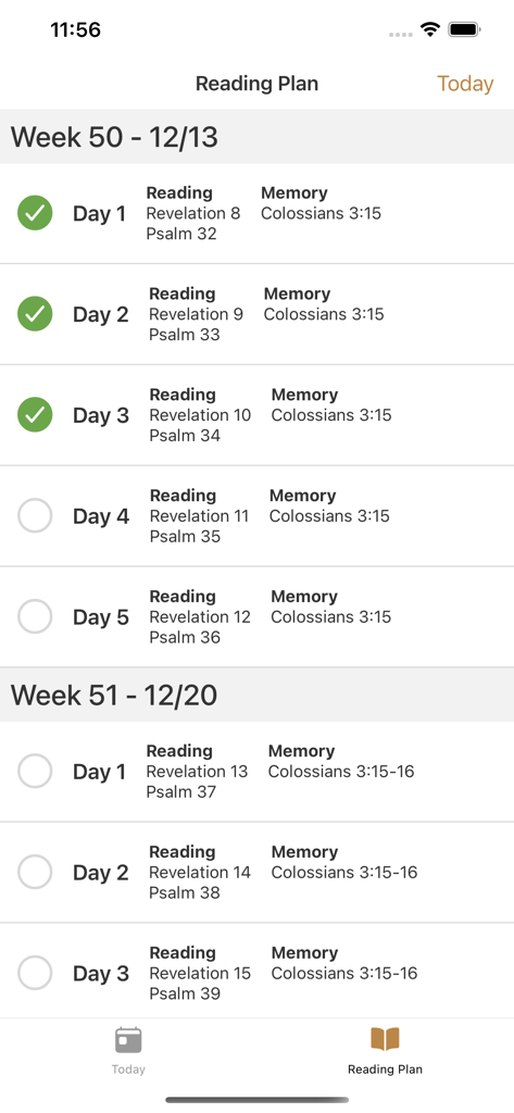 Plan semanal de lectura bíblica y memorización de escrituras con marcas de progreso