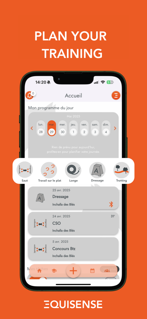 Equisense Inside app interface showing a horse training calendar and activity icons for dressage and jumping