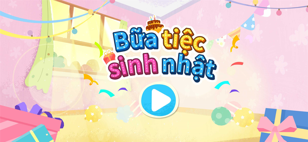 Colorful main menu of Baby Panda's Birthday Party featuring festive decorations and a play button