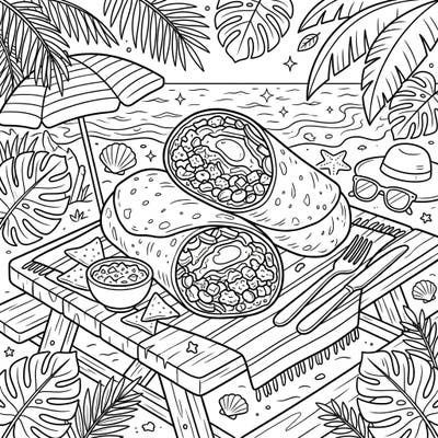 Enjoy a delicious start to your summer day with this delightful breakfast burrito coloring page set against a relaxing beach backdrop. Perfect for bringing warm, sunny vibes to your coloring session.