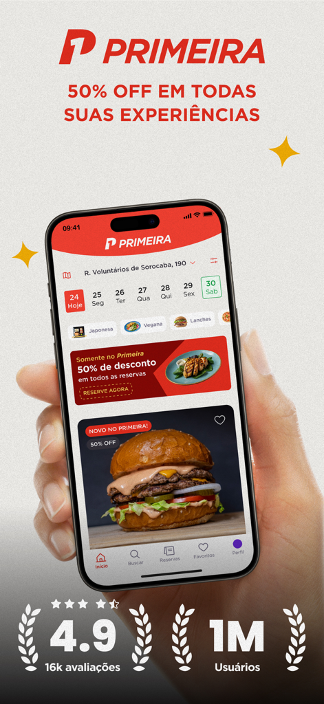 Smartphone screen displaying the Primeira app with fifty percent discounts on restaurant reservations