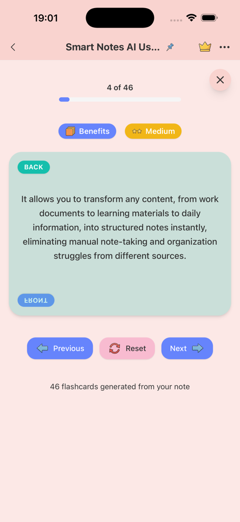 Smart Notes AI study flashcard interface showing AI-generated content for active recall