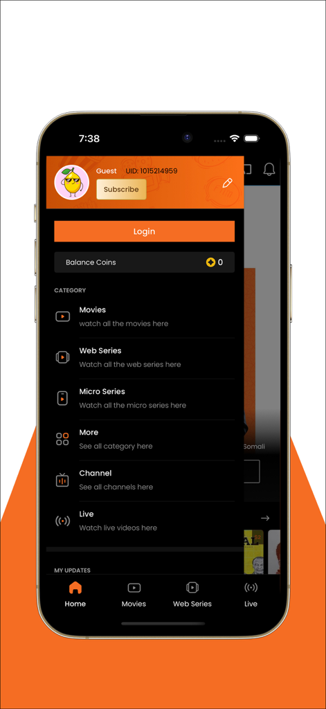 Sumad app menu interface displaying movie categories and live streaming options