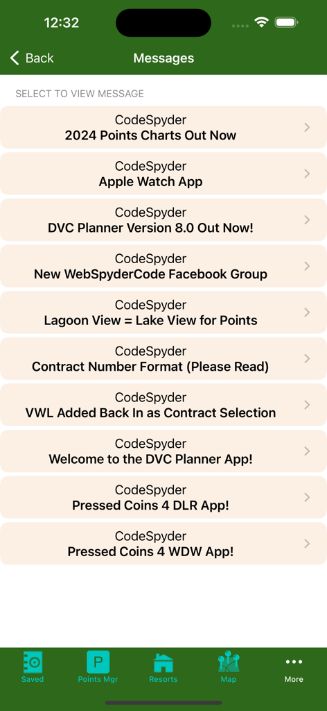 The messages screen in the DVC Planner app showing a list of announcements including point charts and app updates.