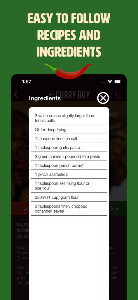 List of ingredients for a spiced recipe in The Curry Guy app