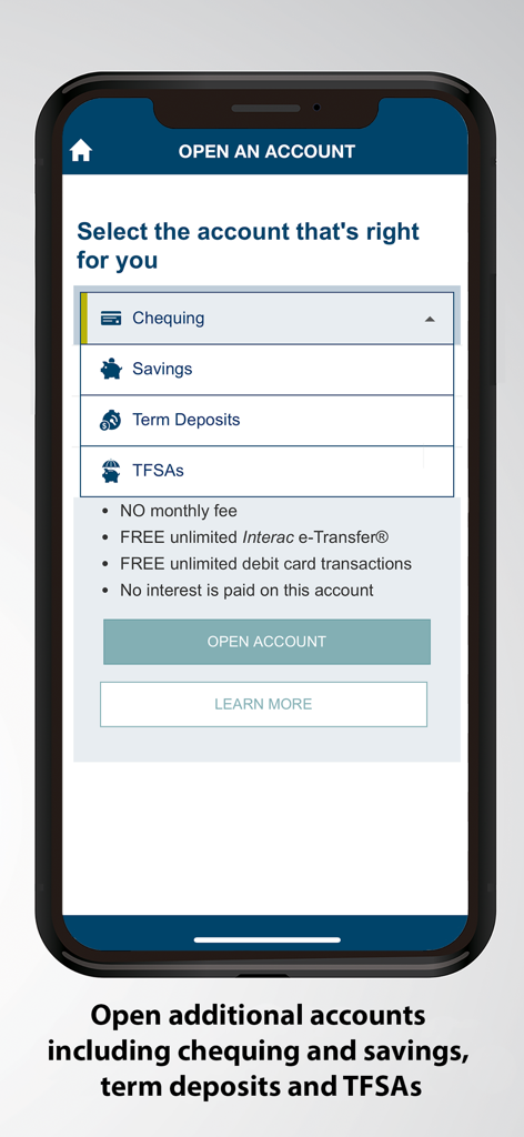 Island Savings Mobile Banking - Island Savings mobile banking app screen for opening new chequing, savings, term deposits, and TFSAs