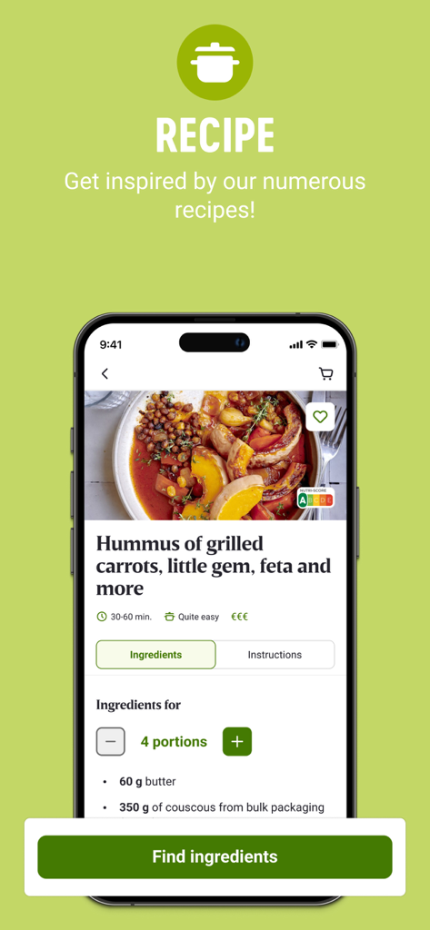 My Delhaize - La app Mi Delhaize muestra una receta de hummus de zanahoria a la parrilla con lista de ingredientes y calificación Nutri-Score A.