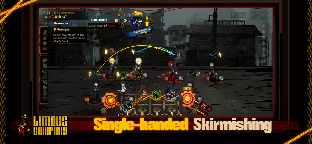 Une capture d'écran du gameplay de Limbus Company montrant le système d'escarmouche à une main et l'interface de grille de compétences pendant un combat.