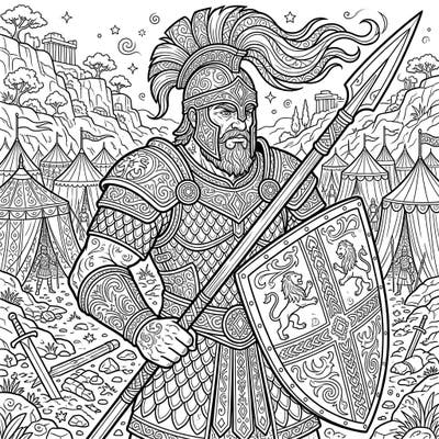 Embark on a historical coloring journey with this intricately designed Goliath full scene. Immerse yourself in the detailed armor and dramatic landscape of the Philistine warrior's world.