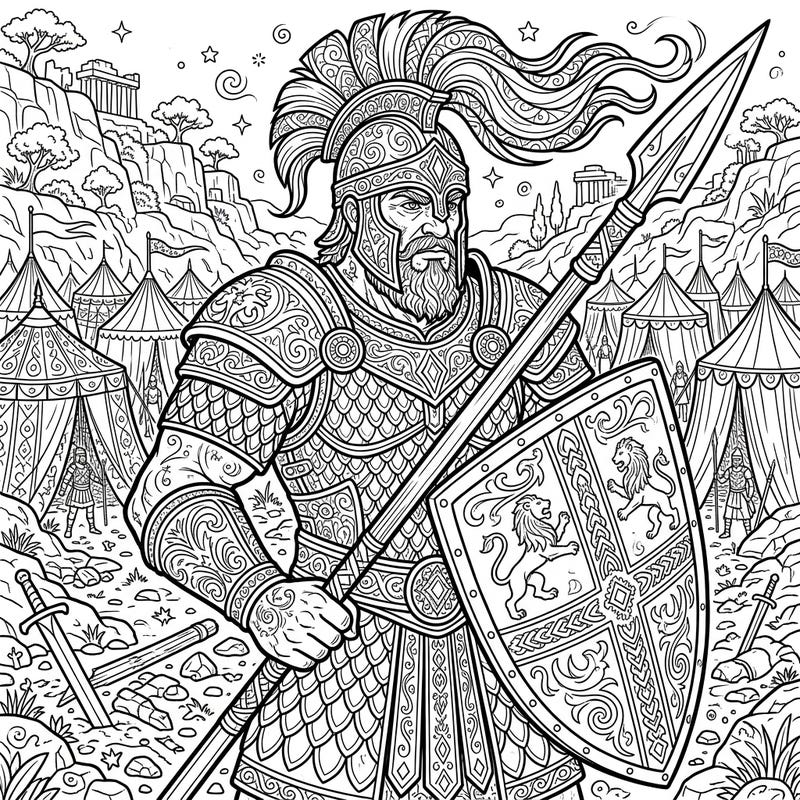 Embark on a historical coloring journey with this intricately designed Goliath full scene. Immerse yourself in the detailed armor and dramatic landscape of the Philistine warrior's world.