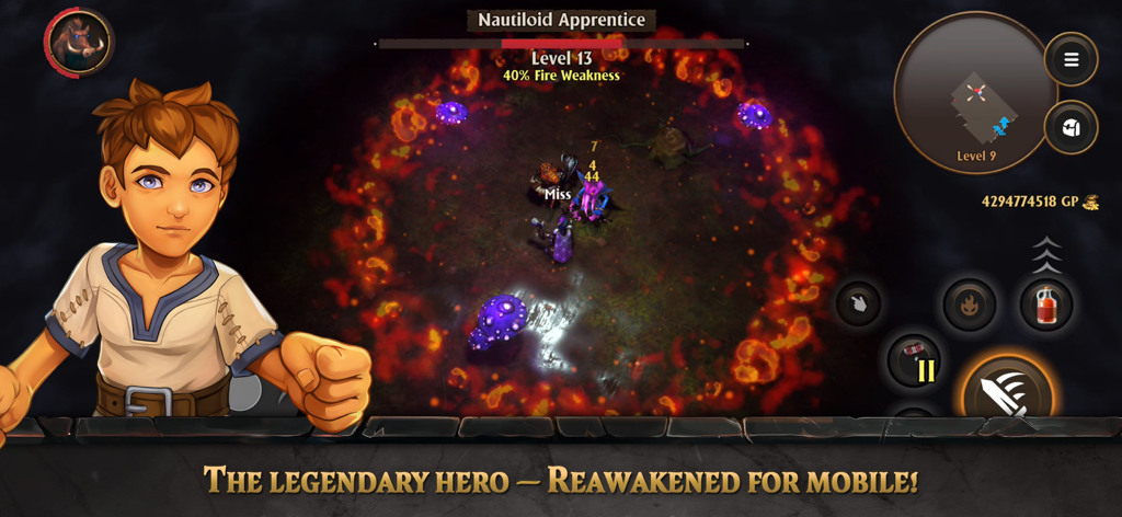 FATE: Reawakened - Capture d'écran de gameplay de FATE Reawakened montrant un héros combattant un boss dans un donjon rempli de feu